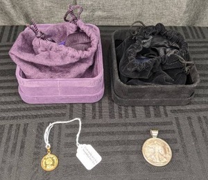 Sterling Walking Lady Liberty Coin Pendant and 24k Gold 2006 Reversible Queen Elizabeth II Cat Coin Pendant