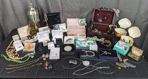 HUGE Assortment of Jewelry, Pocket Knives, and Urn Sterling Silver, Pendants, Earrings, Rosary, Freshwater Pearl, Abalone, Bracelets , Rings, and MORE