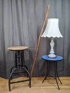 Wooden Walking Stick, Adjustable Stool, White Table Lamp and Pier 1 Table