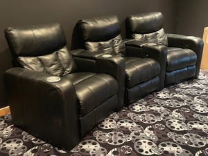 lot 94 image: 3 Black Leather Reclining Theater Seats with Installed Butt Kicker LFE Kit