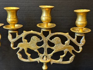 lot 54 image: Pair of Vintage Brass Lion of Judah Candle Holders