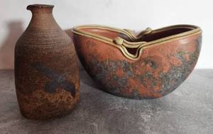 lot 101 image: Unique Artisan Vessel and Eagle Etched Pitcher