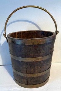 lot 386 image: 2 Vintage Brass and Wooden Buckets