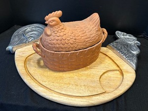 lot 98 image: Terra Cotta Chicken Dish and Rooster Themed Cutting Board