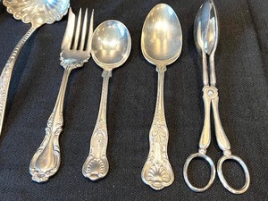 lot 95 image: Vintage Ornate Serving Utensils Including One Sterling Spoon