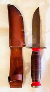 lot 403 image: Schrade-Walden Bowie Hunter Knife with Leather Sheath and 2 Boy Scouts of America Pocket Knives