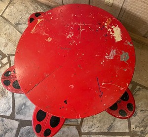 lot 165 image: Adorable Vintage Handmade Childs Wooden Table and Ladybug Stools