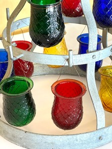 lot 129 image: Vintage Bottle Rack with Array of Colorful Candleholders
