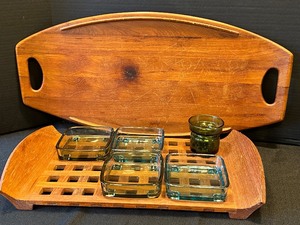 lot 128 image: Vintage Dansk Teak Lattice Tray With Glass Dish Inserts, JHQ Denmark and Dansk Wooden Tray