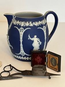 lot 97A image: Vintage Scale, Photograph, Candle Wick Scissors, Wedgewood Pitcher and More