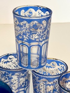 lot 110 image: Lovely Vintage Blue-Enameled Sterling Bowl  Ornately Patterned Juice Cups