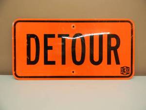 VINTAGE HEAVY METAL FLUORESCENT ORANGE DETOUR STREET SIGN - NICE - AWESOME PIECE - APPROX 24 By 12 - SEE PICTURES