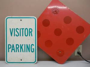 VINTAGE METAL VISITOR PARKING STREET SIGN & FLUORESCENT RED WARNING STREET SIGN -  AWESOME PIECES - SEE PICTURES