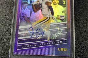 lot 1 image: 2020 Absolute Purple Justin Jefferson Autograph #9 Rookie Card 925  Only 25 Exist