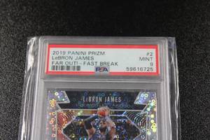 lot 51 image: 2019-20 Prizm Fast Break Far Out LeBron James #2 PSA 9