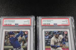 lot 52 image: 2020 Bowman Rookie Card Lot PSA 10  Kyle Lewis #78 & Nico Hoerner #72
