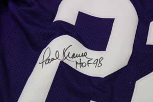 lot 63 image: Minnesota Vikings Paul Krause Autograph Custom Jersey w HOF Inscription JSA COA #K47328