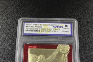 lot 104 image: 1996-97 Skybox EX2000 Credentials Metallic Red Signature Series Michael Jordan WCG 10