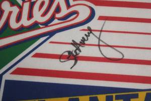 lot 165 image: Framed 1991 World Series Pennant w David Justice & Steve Avery Autograph  No COA