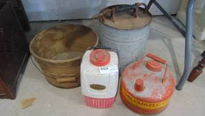 lot 19 image: Gas can, paper bucket, cooler jug, galvanized can