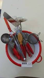 lot 22 image: Vintage red handle kitchen utensils
