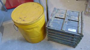 lot 111 image: Vintage egg crate and yellow tin