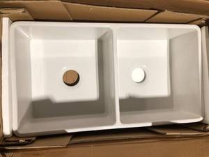 Classico Farmhouse Apron Front Fireclay 33 in. Double Bowl Kitchen Sink with Bottom Grid and Strainer in White by BOCCHI Customer Returns See Pictures