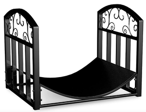 lot 409 image: Home-Complete Firewood Rack Holder With Decorative Scroll Design- Metal Outdoor Indoor Log Storage Bin for Fireplace Firepit and Wood Stove (Black) (OPEN BOX)