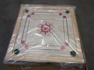 lot 406 image: Hey Play 80-CROK Carrom Board Game Classic Strike & Pocket Table Game with Cue Sticks (OPEN BOX)