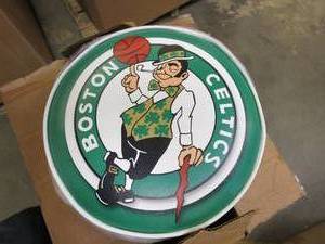 lot 423 image: Trademark Boston Celtics NBA 31 in. Chrome Padded Swivel Bar Stool (MISSING PLATE TO ATTACH SEAT TO BASE)