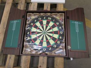 lot 424 image: Trademark Games Dart Board Cabinet Set in Walnut (OPEN BOX)