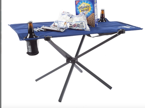 lot 455 image: 75-CMP1079 Outdoor Folding Camp Table With 2 Cupholders & Carrying Bag, Blue (OPEN BOX)