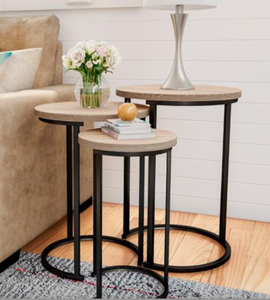 lot 459 image: Lavish Home 80-FNT-4 Modern Woodgrain Look Round Nesting Tables, Light Oak Wood-Look with Black Legs - Set of 3 (OPEN BOX)