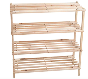 lot 481 image: LOT OF 2 - Lavish Home  26.25 in. H 12-Pair 4-Tier Brown Pine Shoe Rack (OPEN BOXES)