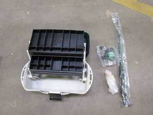 lot 487 image: Green & Gray Plastic Fishing Box with Fishing Pole