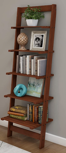 lot 570 image: Lavish Home 5-Tier Ladder Bookshelf- Leaning Decorative Shelves for Display, Walnut (OPEN BOX)