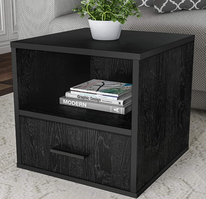 lot 595 image: Lavish Home End Stackable Contemporary Minimalist Modular Cube Accent Table with Drawer for Bedroom, Living Room or Office (Black), (OPEN BOX)