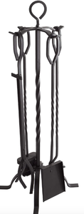 lot 604 image: Lavish Home Matte Black 5-Piece Fireplace Tool Set with Shovel, Broom, Poker, and Tongs Wrought Iron Firewood Rack, 10 (OPEN BOX)