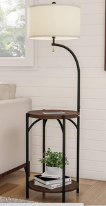 lot 606 image: Lavish Home Floor Lamp End Table- Modern Rustic Side Table with Drum Shaped Shade, LED Light Bulb Included (OPEN BOX)