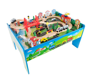 lot 609 image: Hey Play 80-HJD931120 Wooden Train Set Table for Kids (OPEN BOX)