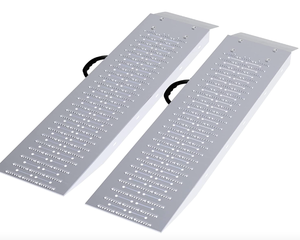 lot 610 image: Stalwart 75-CAR1066 Loading 2-Piece Trailer or Pickup Truck ATVs, Motorcycles, Mowers, Carts, and More  1200lb Combined Capacity Shed Ramp, Silver, 2 Count (OPEN BOX)