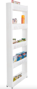 lot 611 image: Slide-Out Pantry Storage Rack - 5-Tier White Plastic Pantry Organization and Storage Rolling Cart With Baskets for Narrow Spaces by Lavish Home (OPEN BOX)