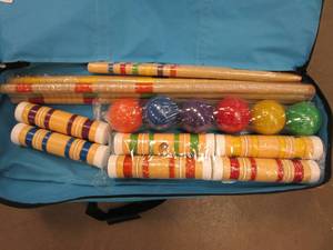 lot 614 image: Croquet Set- Wooden Outdoor Deluxe Sports Set with Carrying Case- Fun Vintage Backyard Lawn Recreation Game, Kids or Adults by Hey Play (6 Players) (OPEN BOX)