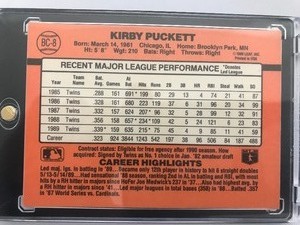 lot 363 image: 1990 Donrus MVP Kirby Puckett #BC-8 Minnesota Twins Error Card Wrong DOB. Should be 1960 not 1961