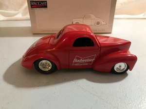 lot 295 image: 1998 SpecCast 1941 Willys Coupe Street Rod Budweiser King of Beers 125 scale die cast metal collector bank