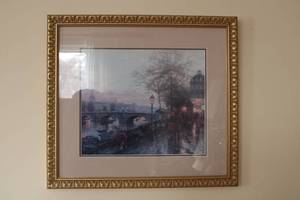 lot 79 image: Paris, Eiffel Tower Print by Thomas Kinkade in Gold Colored Frame