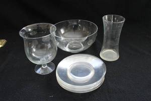 lot 85 image: Glass Serveware Set Bowls, Salad Plates, Vase
