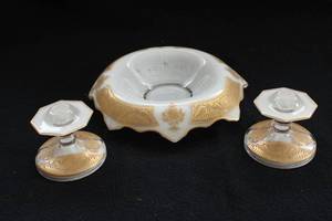 lot 92 image: Gold Patterned Serving Dish with Matching Candle Stick Holders