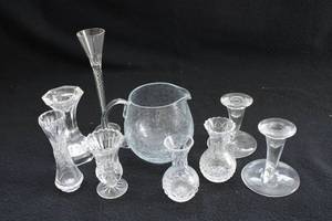 lot 99 image: Vintage Glass Bud Vases, Candle Holders, Pitcher, and More