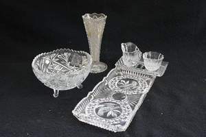 lot 106 image: Cut Glass Serving Dish, Cream & Sugar, Vase and More